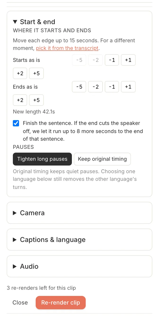 Start and end controls with the Finish the sentence option ticked